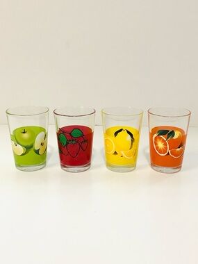 VINTAGE Pasabahce Turkey Retro MCM Fruit Print Colored Juice Glasses Set of 4